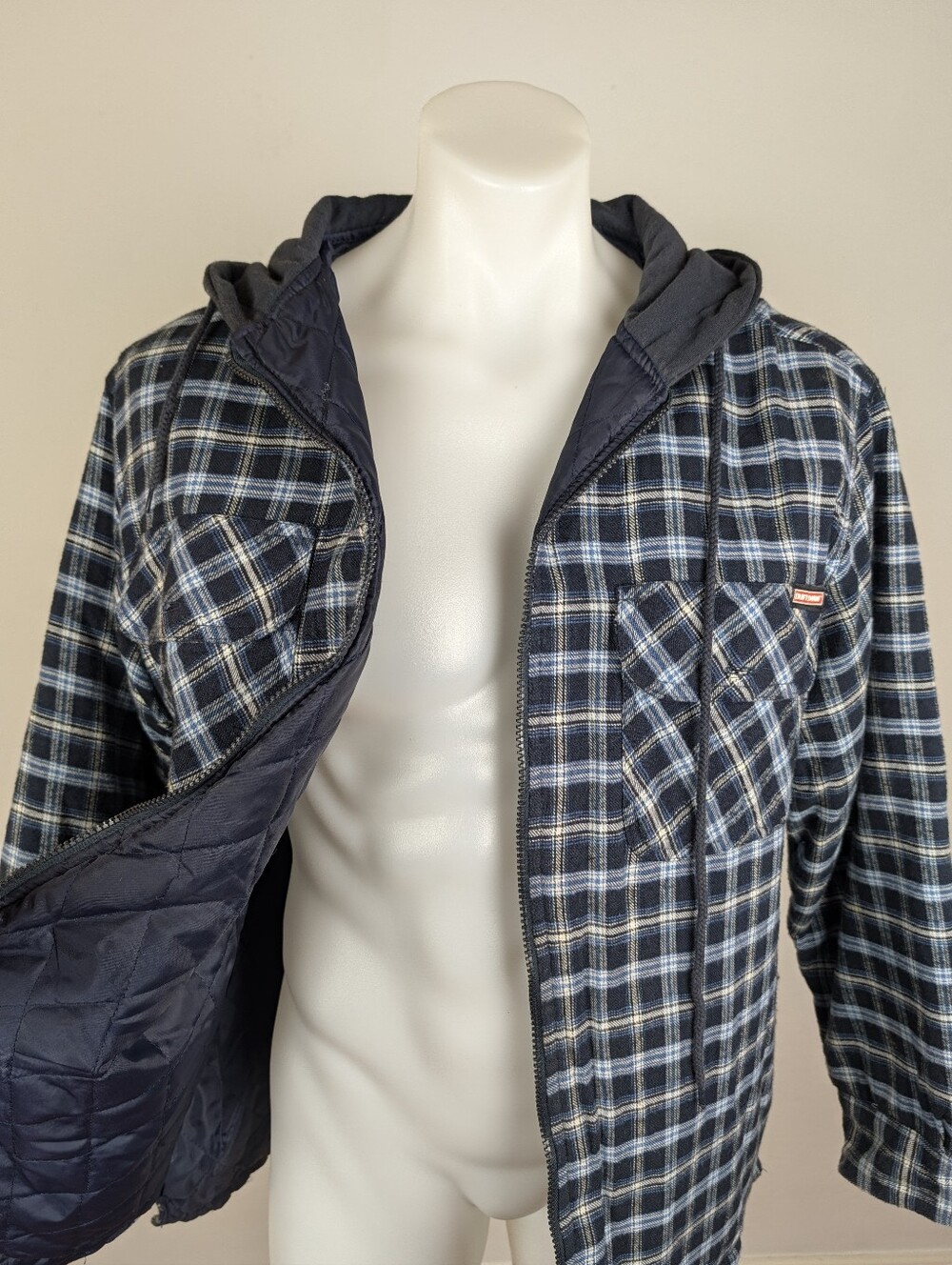 Craftsman Men's Navy Plaid Flannel Hooded Jacket w/ Quilted Liner